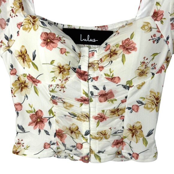 NWT Lulu's Cream pink and yellow floral print Ruched corset crop top Size Medium - Picture 5 of 11